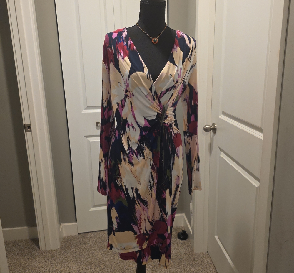 Calvin Klein Navy, Cream and Purple Abstract Wrap Dress
